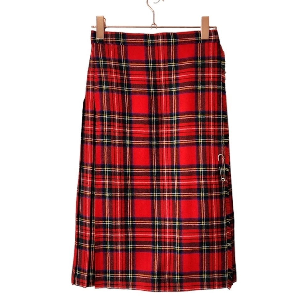 VTG Scottish Wool red tartan plaid midi wrap skirt pleated back Girls size 12